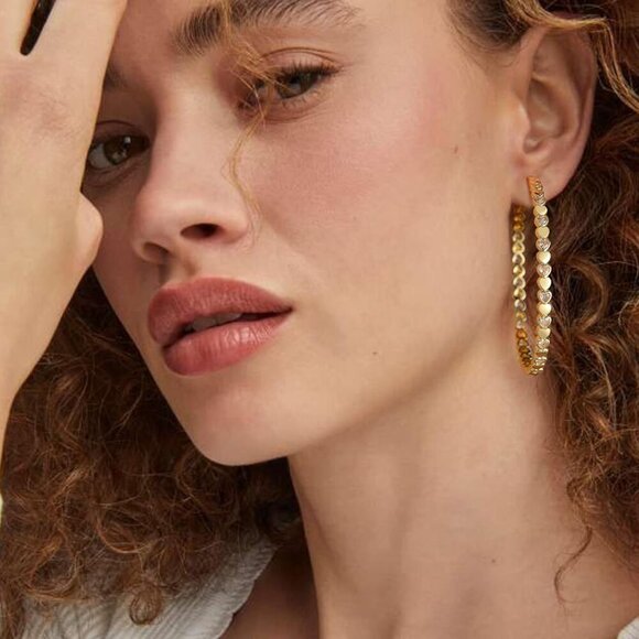 14k Gold Plated 60mm Heart Cubic Zirconia Rhinestone Hoop Earring for Women - Picture 2 of 7